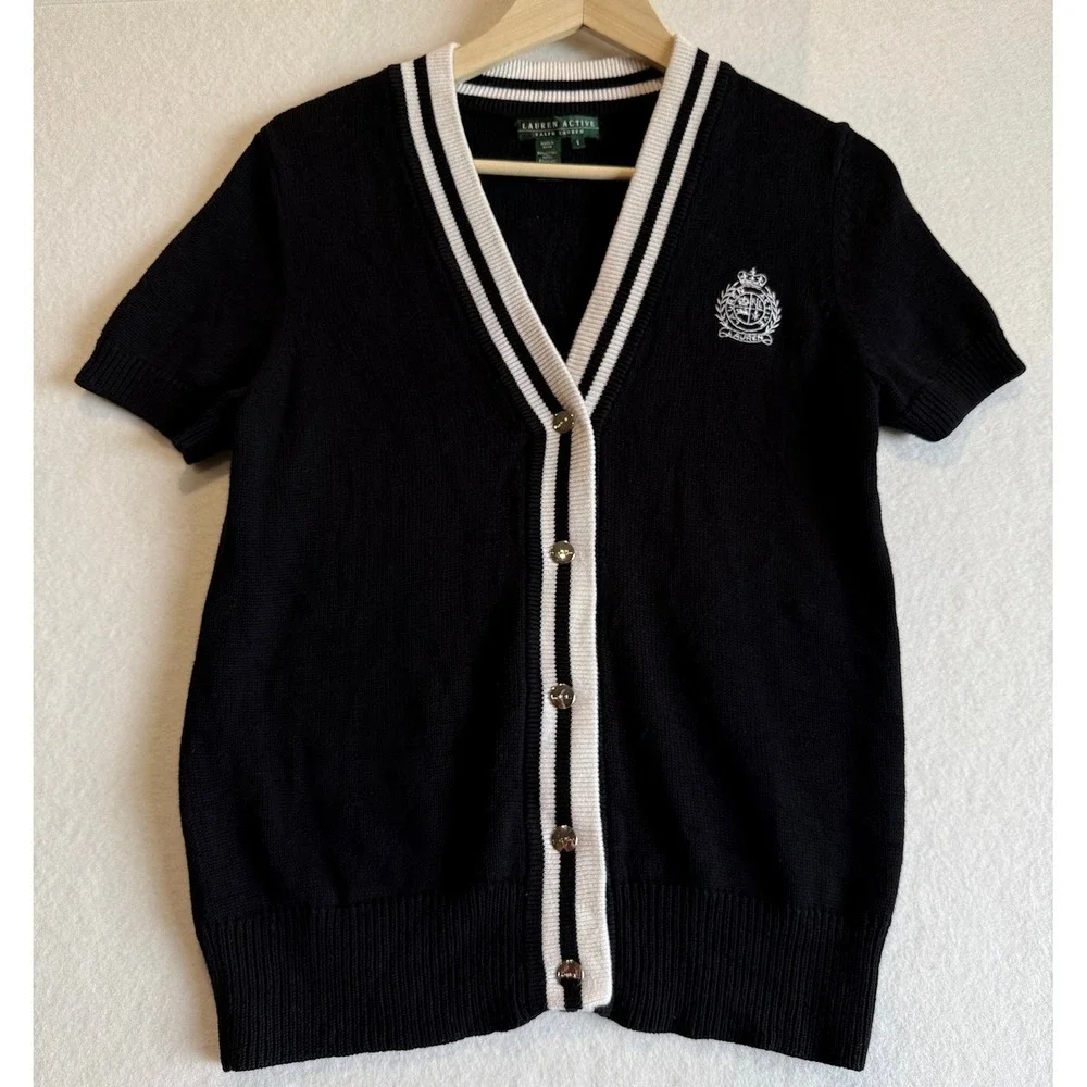 Lauren Ralph Lauren Cardigan Women S Black Varsity Crest Short Sleeve V-Neck